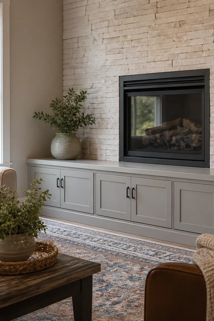 Stone fireplace with a small bench storage unit below it