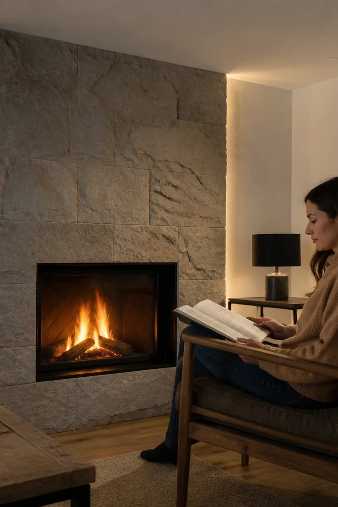 Concrete-gray stone surround with slim recessed light lines