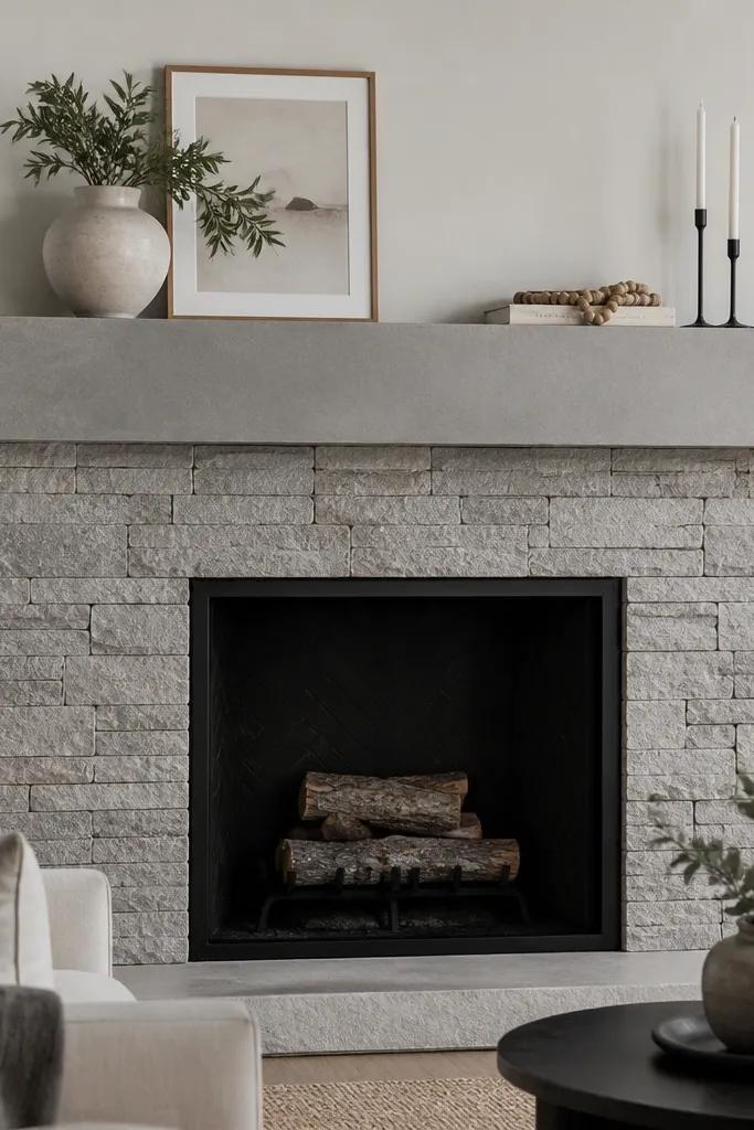 Thin veneer stone surround with a wide mantel shelf that looks like a slab