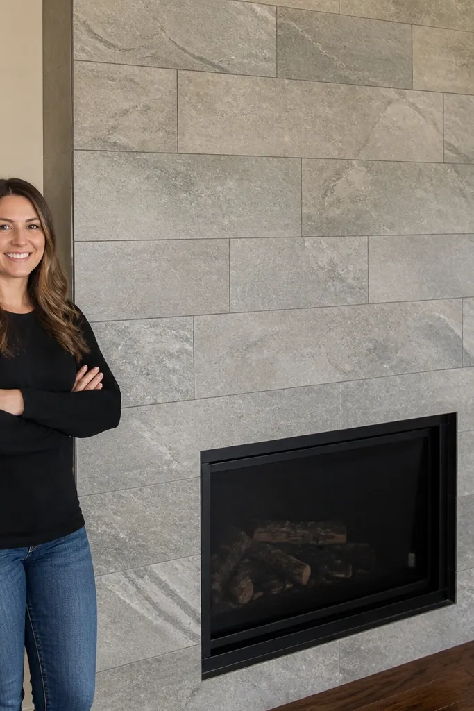 Modern stone-look panels with straight grout lines around a small fireplace