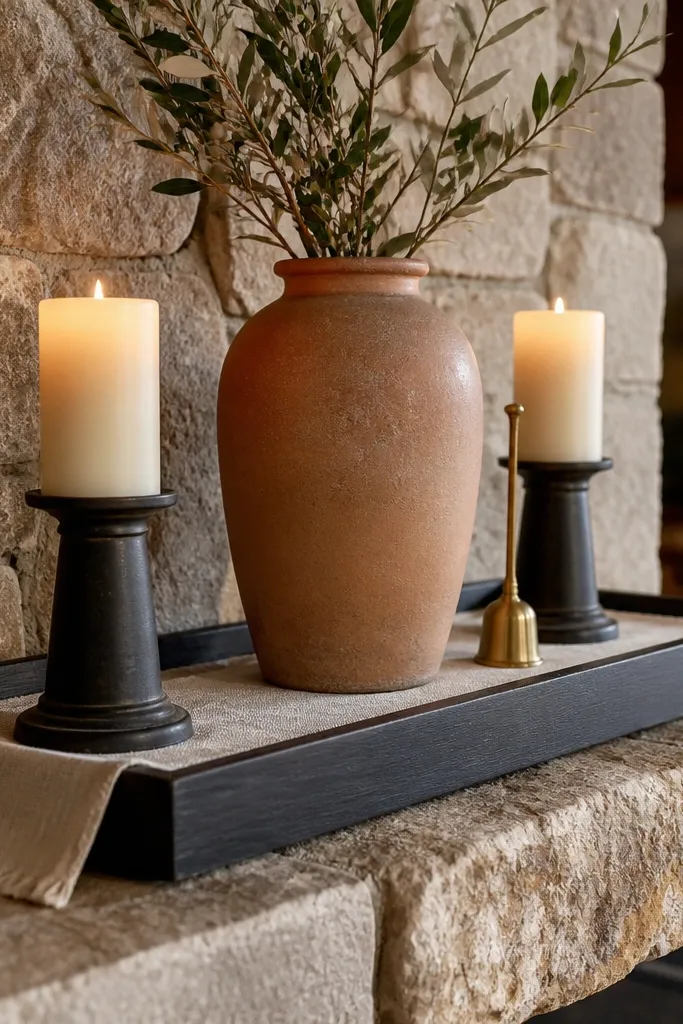 Black mantel tray on a wood mantle with a cream linen runner and two candles