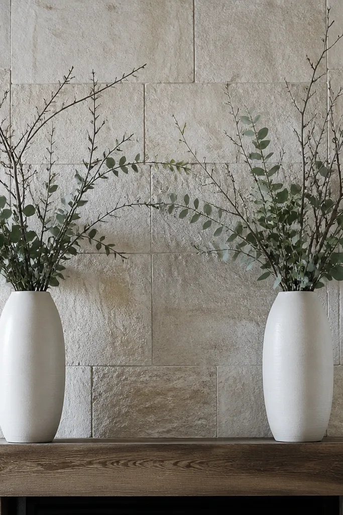Two tall white vases on a mantel with green stems and darker branches