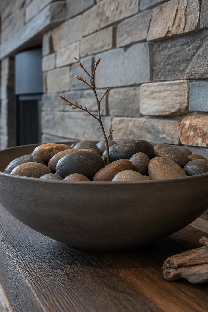 Large stone bowl with river rocks and a single ceramic bud vase in the center