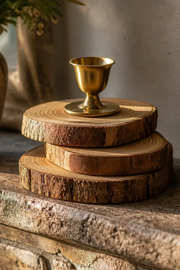 Wood slice stack on a mantel with a brass candle holder and neutral candles