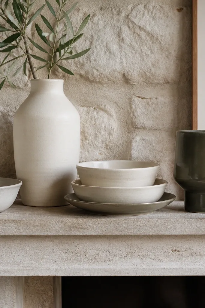 Matte white ceramic vases and bowls with a single terracotta accent on a mantel