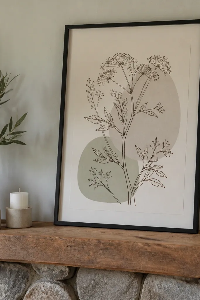 Two small framed prints leaning on a mantel with a neutral vase between them
