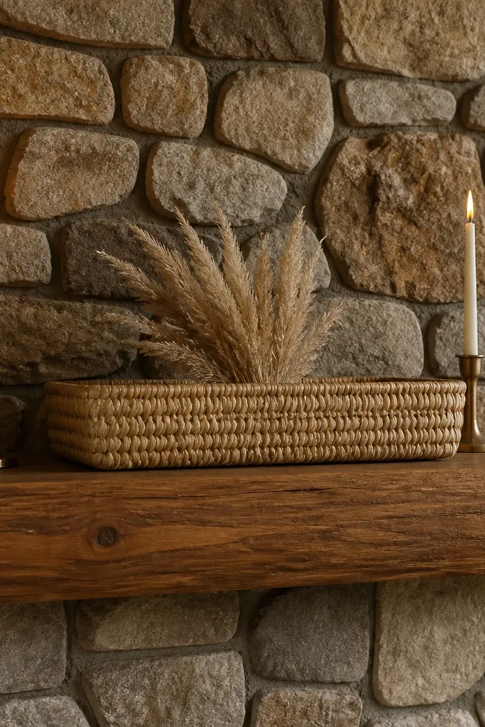 Woven basket on mantel with two taper candles and a small pine sprig