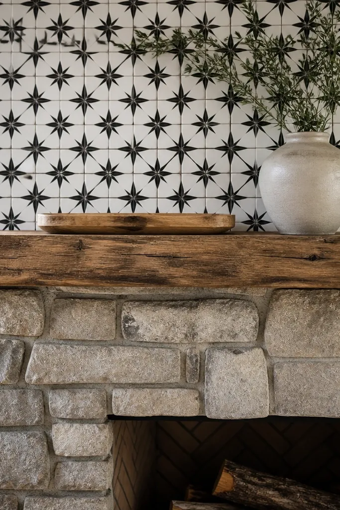Black-and-white tile coasters arranged as a backdrop behind a mantel centerpiece