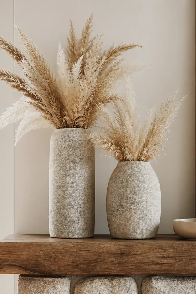 Two linen-wrapped vases on a mantel with tall dried feathery stems