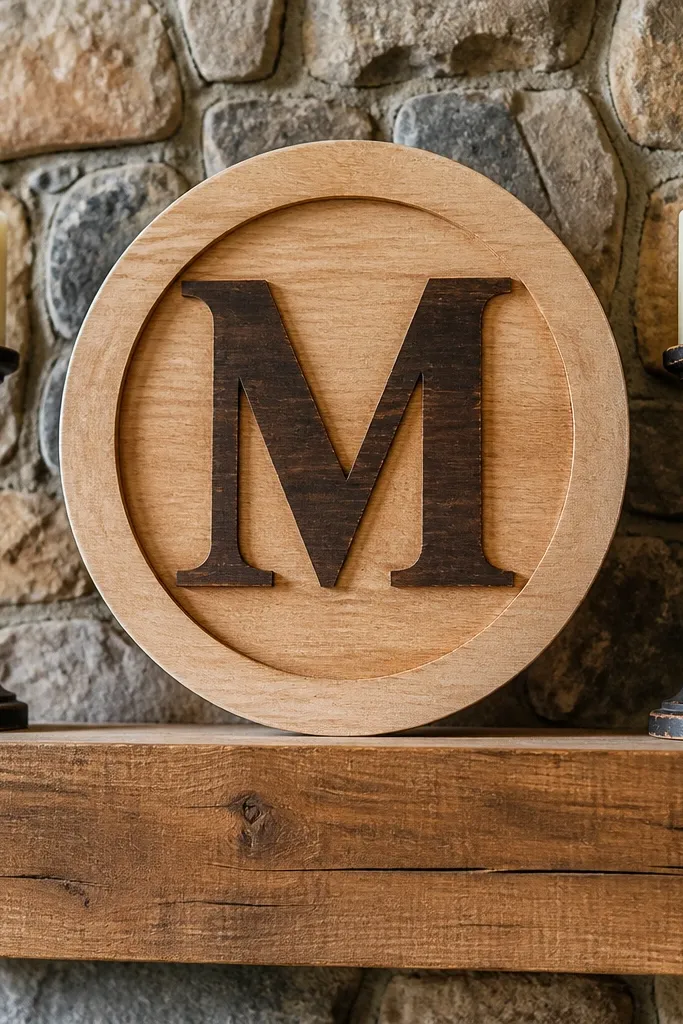 Small wood sign centered on mantel with two matching pillar candles