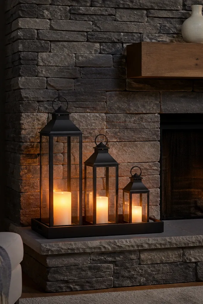 Black tray on hearth with three lanterns in different heights