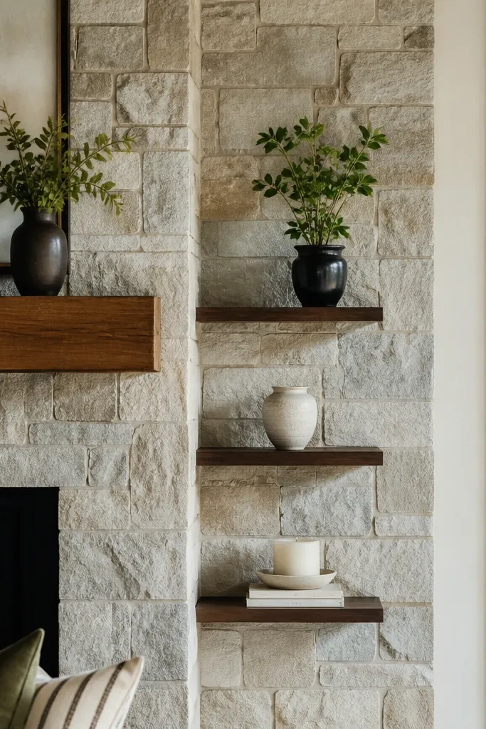 Two slim shelves above mantel with a few ceramics and a small plant