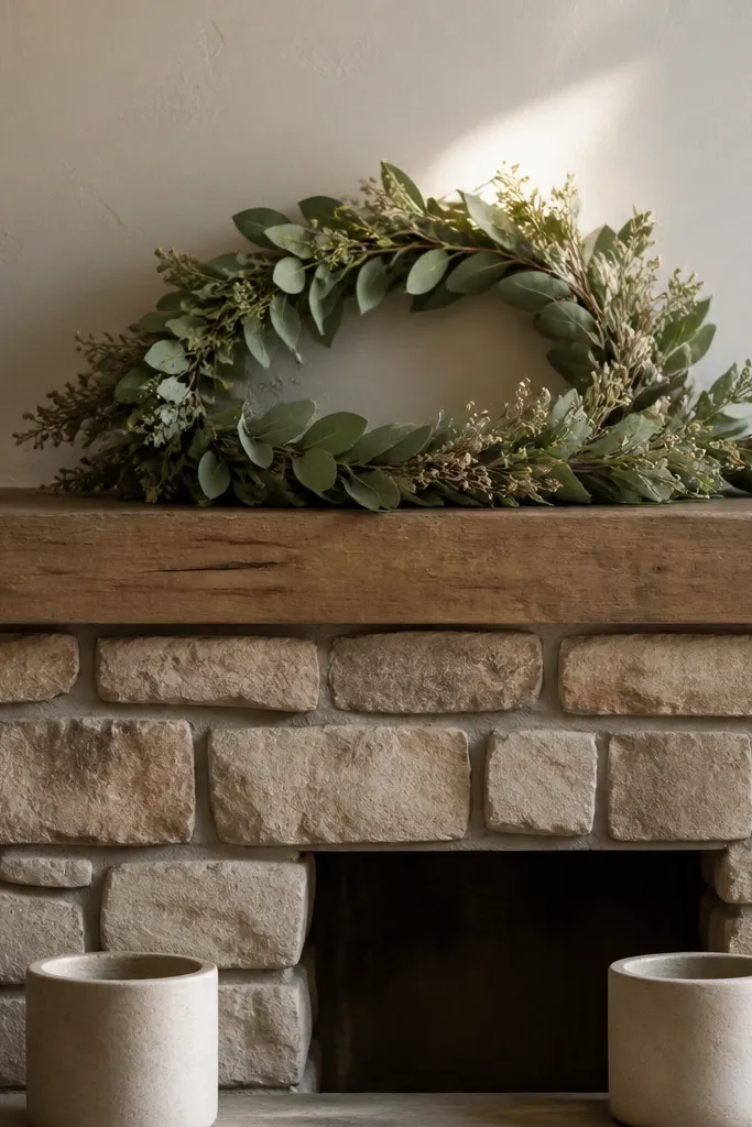Small wreath on the back edge of the mantel with a vase and candles in front