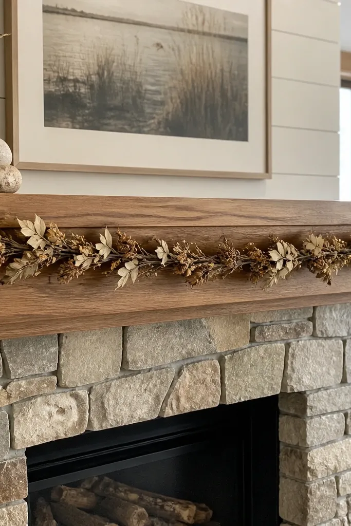 Faux garland across mantel with a few pinecones and two candles