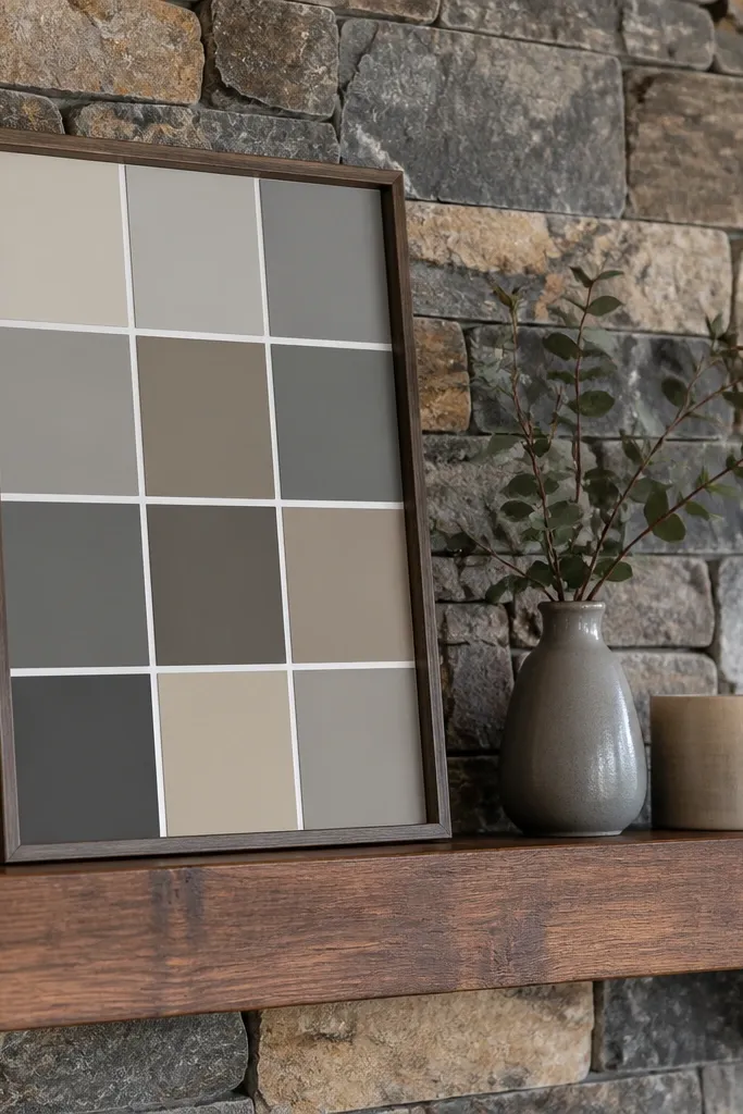 Paint-chip color blocks in a frame on mantel with a neutral vase and candles