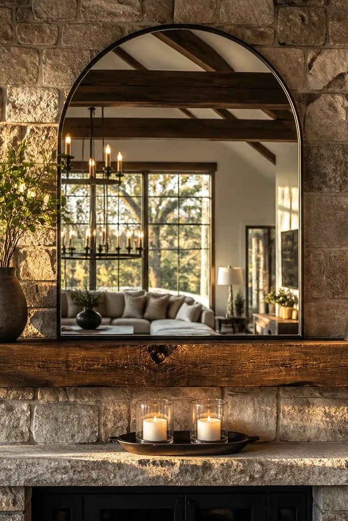 Large mirror above mantel with two candle holders on a tray below