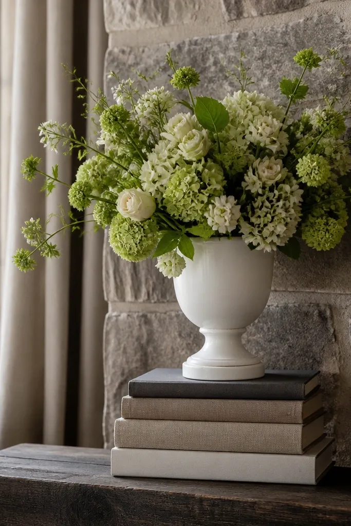 Stack of books on mantel with ceramic urn and a small seasonal stem arrangement