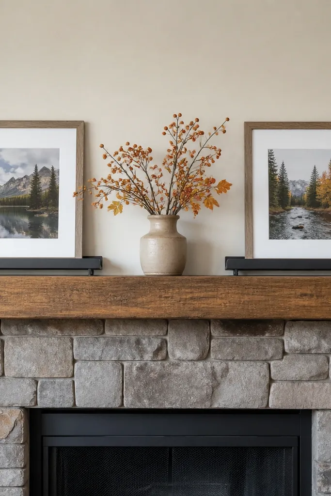 Two wall frames resting on mantel with a center vase and two small candles