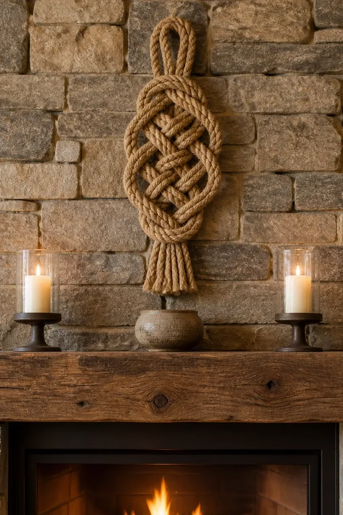 Natural rope knot wall hanging above mantel with two simple candles below