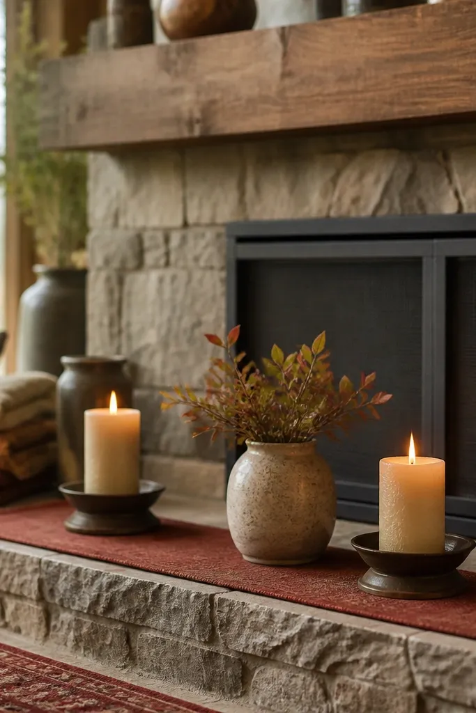 Slim runner on hearth with two candles and a small vase matching rug colors