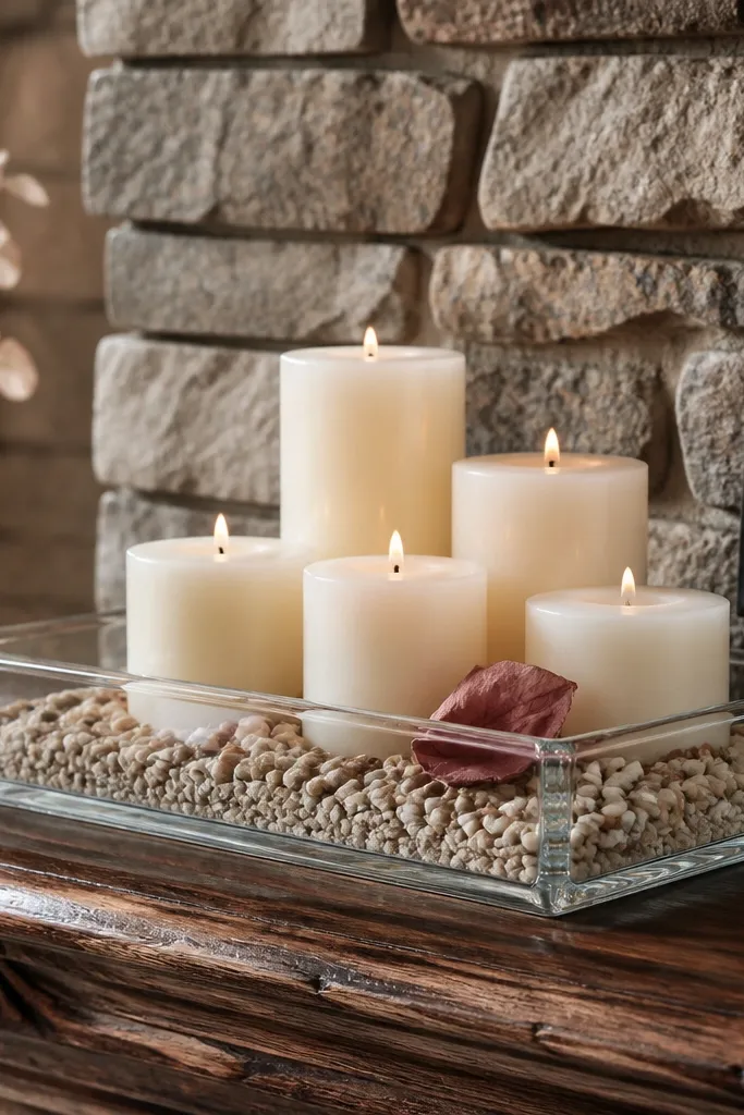 Clear glass tray on mantel with three candles and small pebbles around them