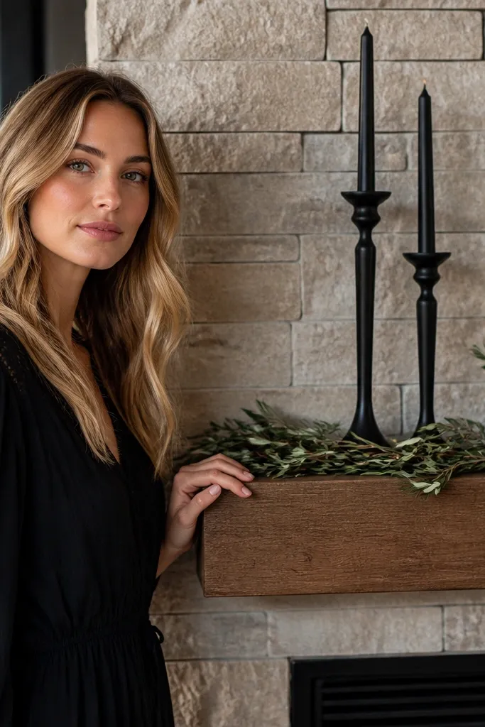 Olive greenery garland across mantel with matte black candle sticks and a small vase