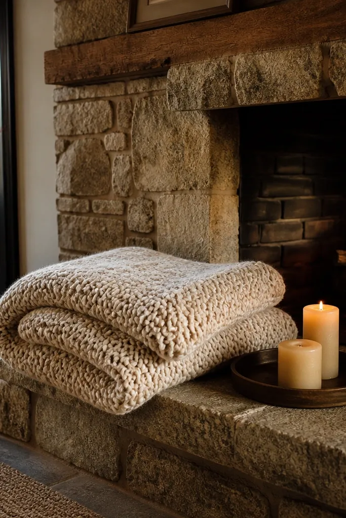 Folded chunky knit throw on hearth area with two simple candles on a small tray