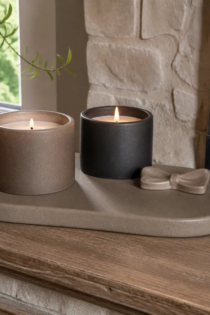 Candle holders on a stone-colored trivet with a small ceramic bowl center