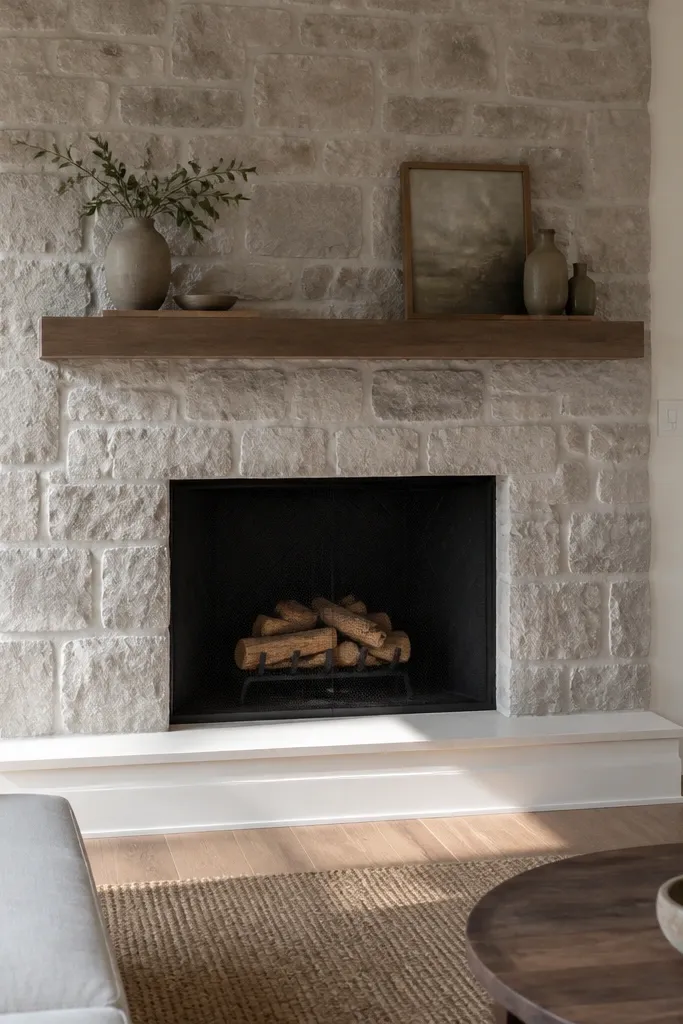 Greige painted stone fireplace with a crisp off-white border at the hearth