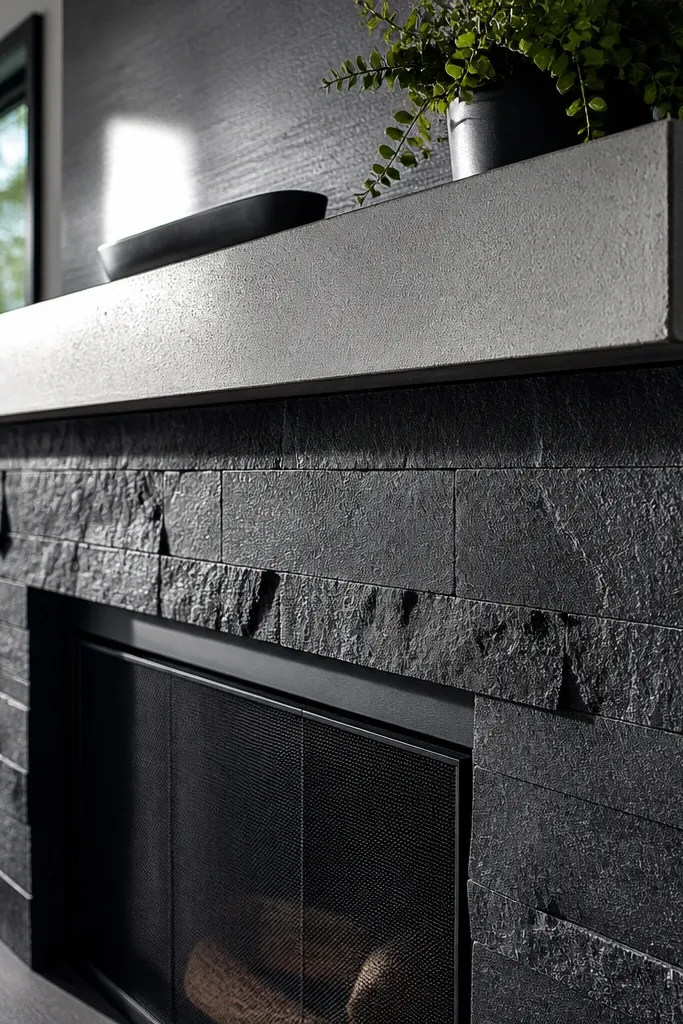 Black painted stone fireplace with a grey concrete-style mantel shelf