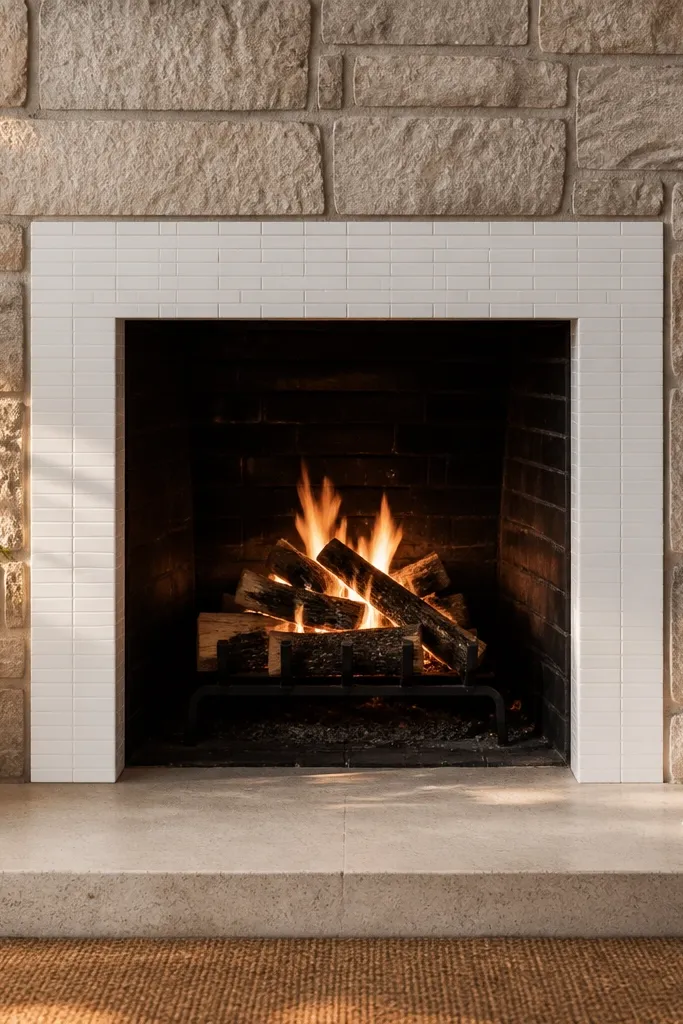 Stone fireplace with a white tile frame surrounding the firebox