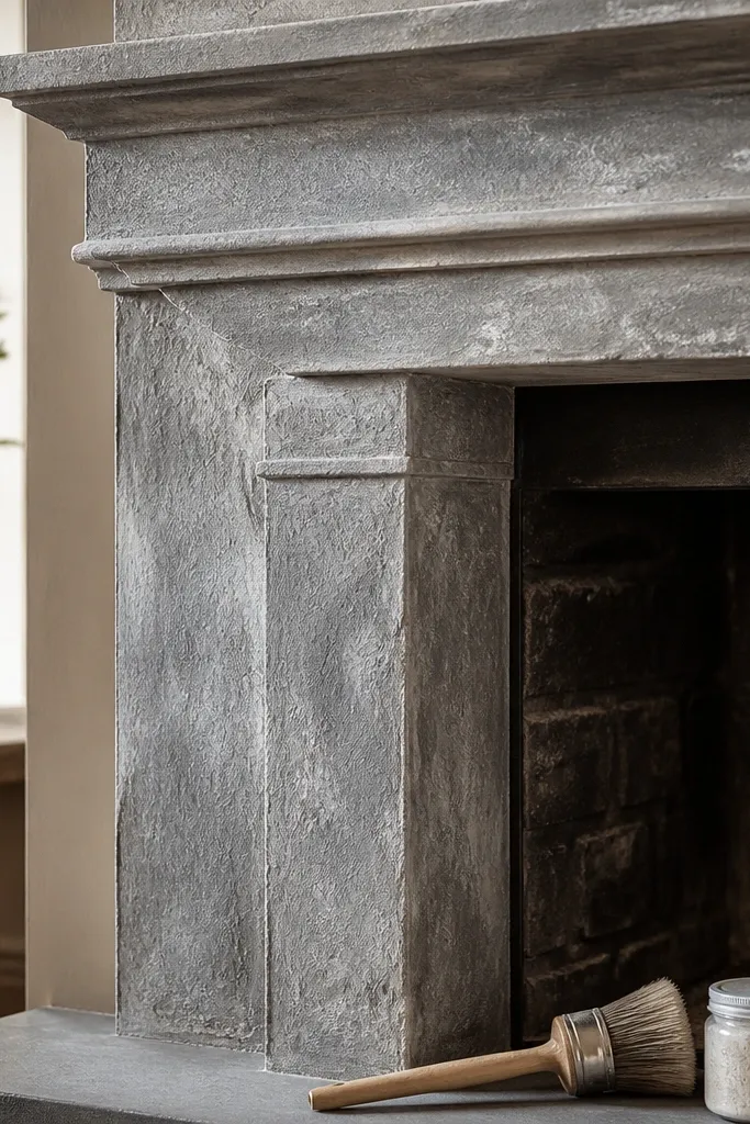 Charcoal limewashed stone fireplace with light white dry-brushed highlights