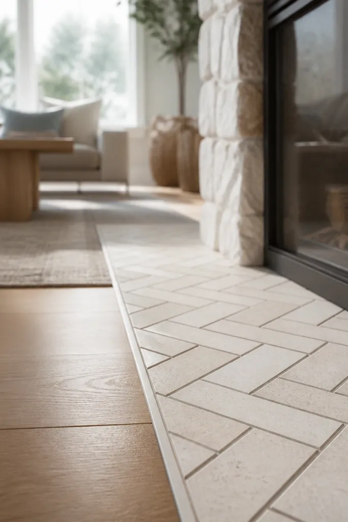 Hearth edge with small herringbone tiles in a light neutral