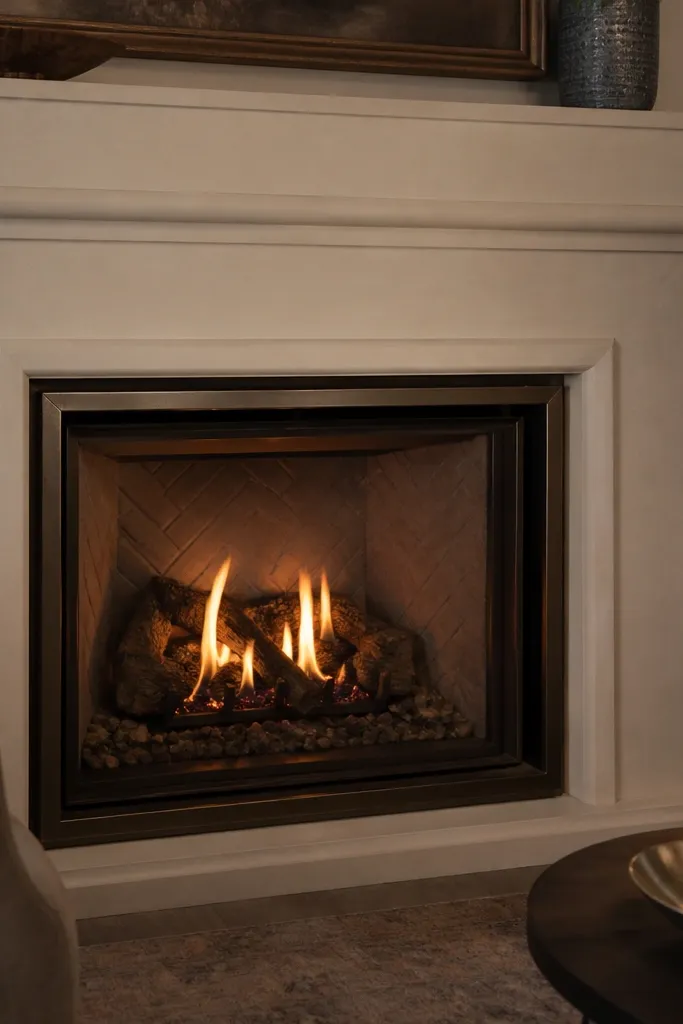 Beige painted stone fireplace with a dark bronze trim around the firebox