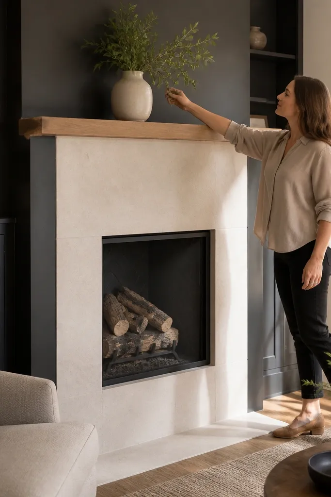 Light painted stone surround with charcoal painted mantel sides