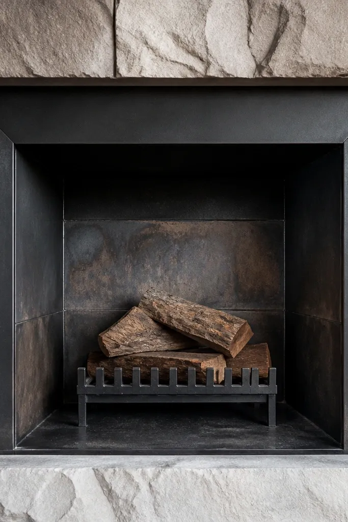 Stone fireplace with a black steel-like panel border inside the opening