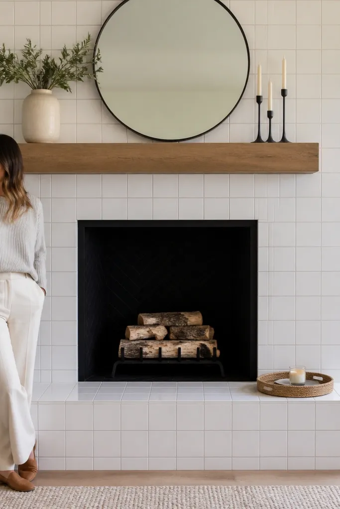 White tile surround over stone fireplace with light greige grout lines