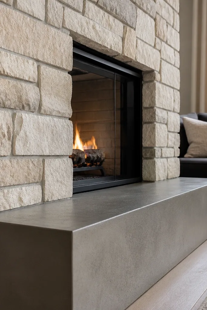 Stone fireplace with cement-gray hearth cap and lighter surround