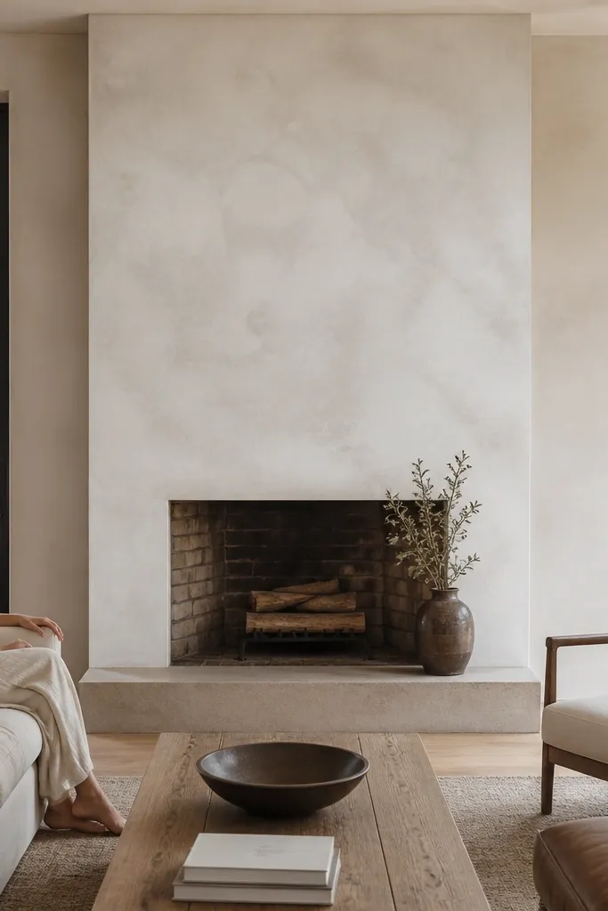 Smooth plaster-like fireplace with limewash beige and soft mottling
