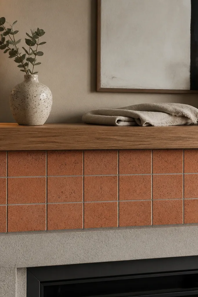 Terracotta tile insert on the front of a mantel shelf
