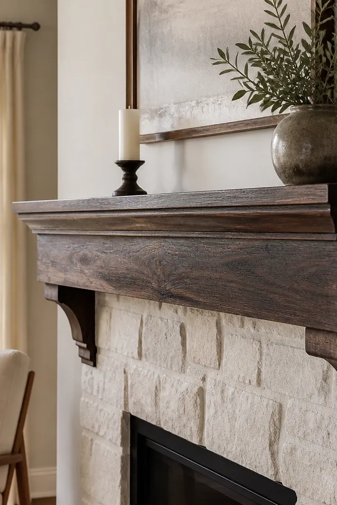 Light stone fireplace with dark walnut stained mantel