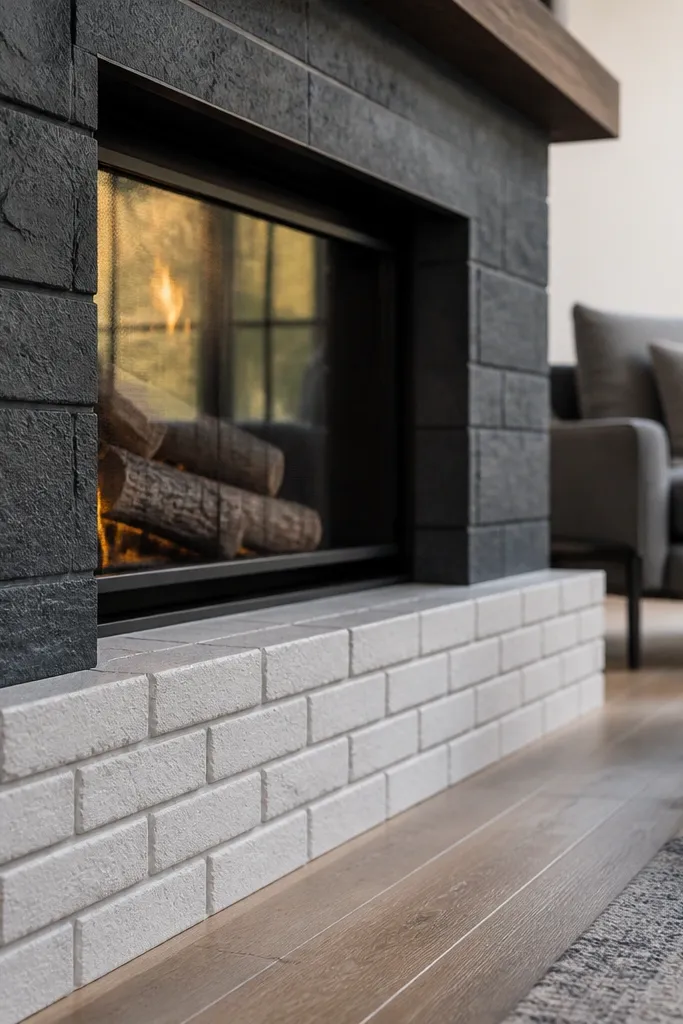 Charcoal stone fireplace with a white brick-pattern band on the hearth