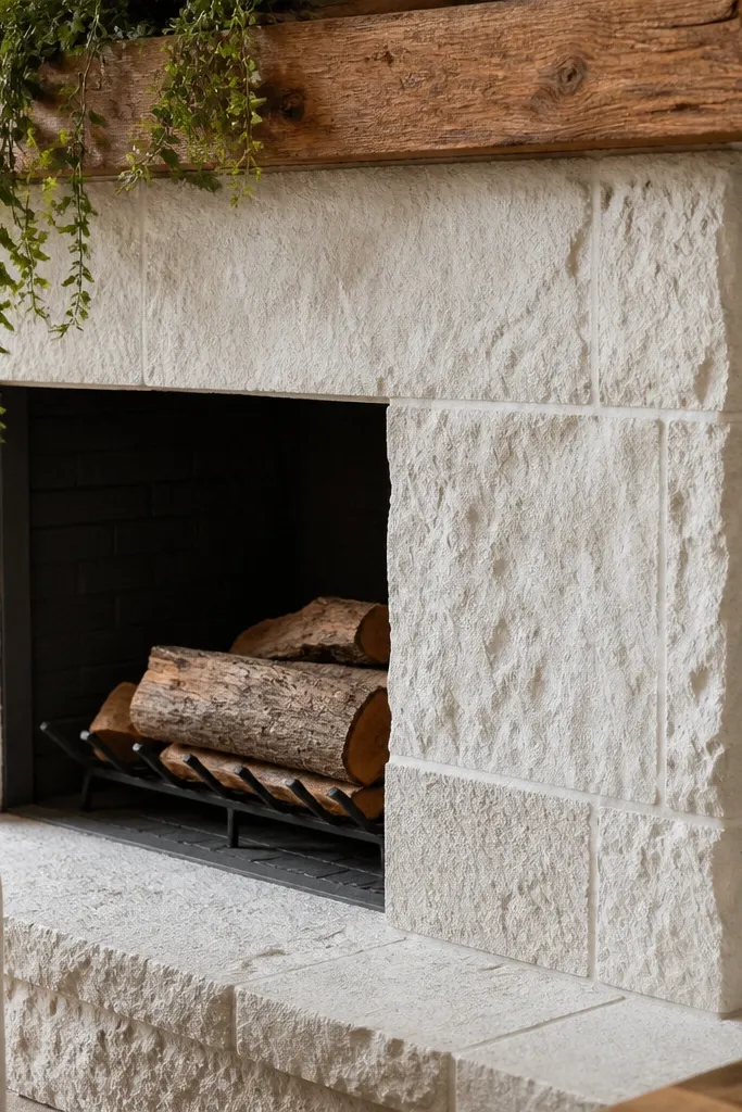 Whitewashed stone fireplace with light grout and a matte finish mantel