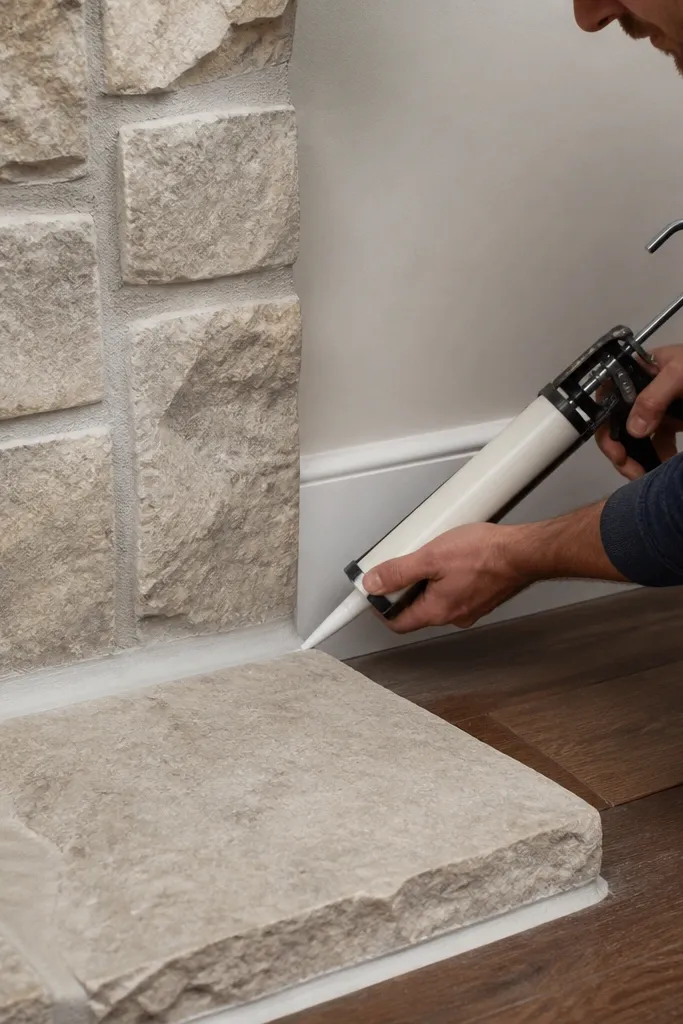 Stone fireplace with fresh clean caulk lines between trim and stone
