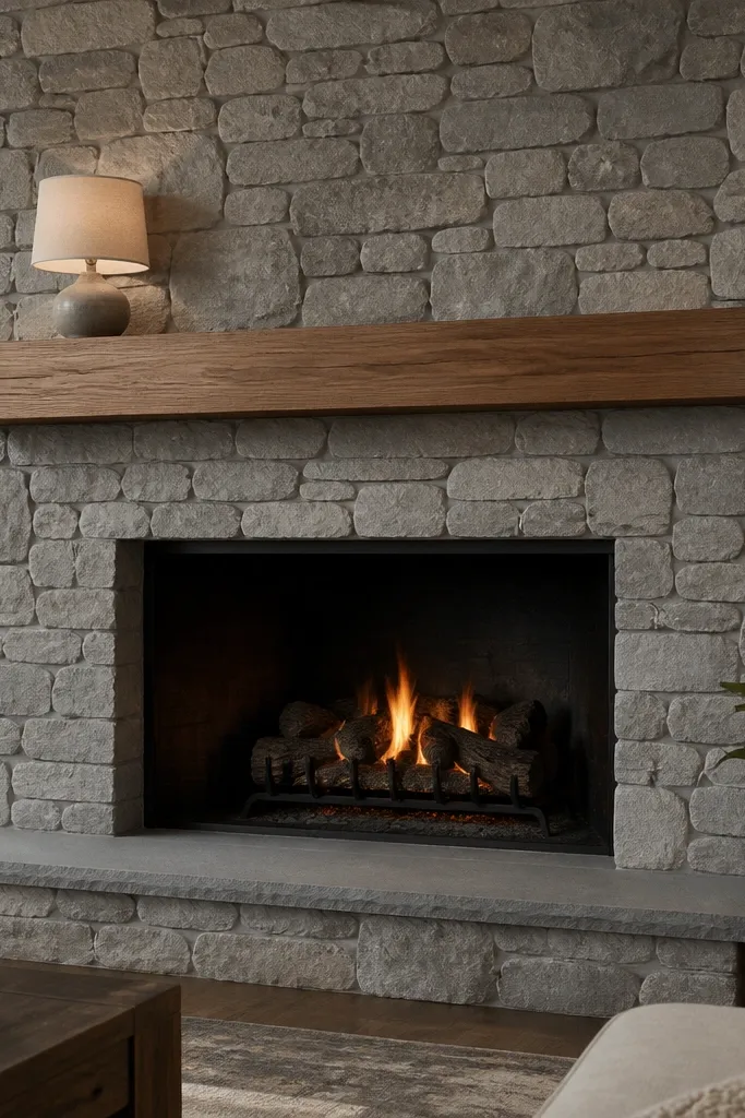 Natural wood mantel with a thin shadow gap above stone