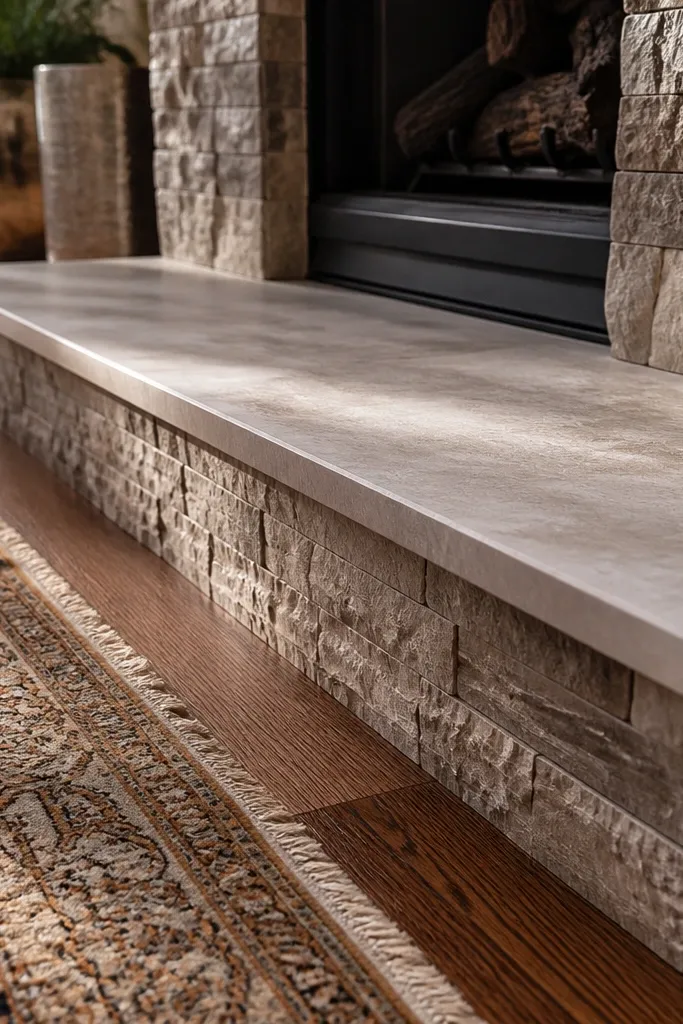 Fresh hearth edge with new stone or tile cap and clean lines