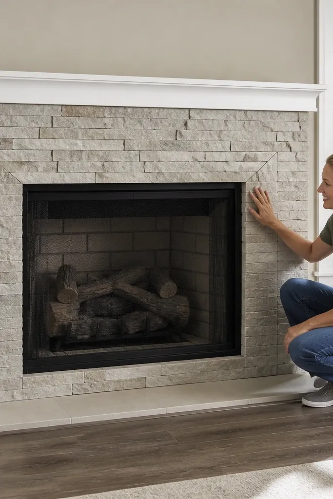 Fresh stone veneer border creating a neat frame around fireplace
