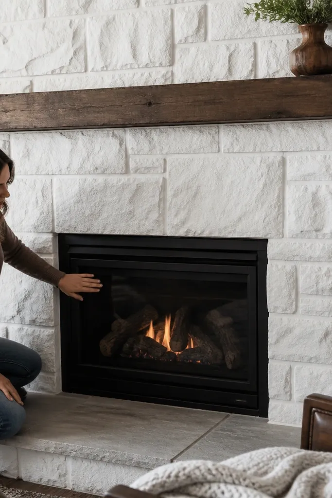 Painted stone fireplace with smooth, even finish and crisp edges