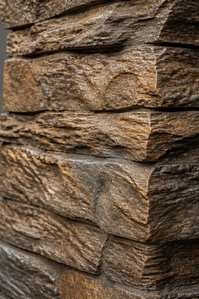 Warm stained stone fireplace with brown-red glaze and natural texture