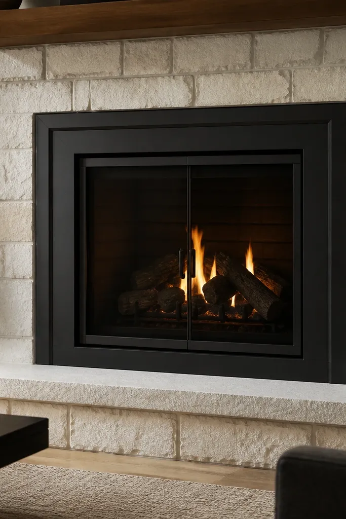 Matte black metal trim around fireplace opening with clean lines